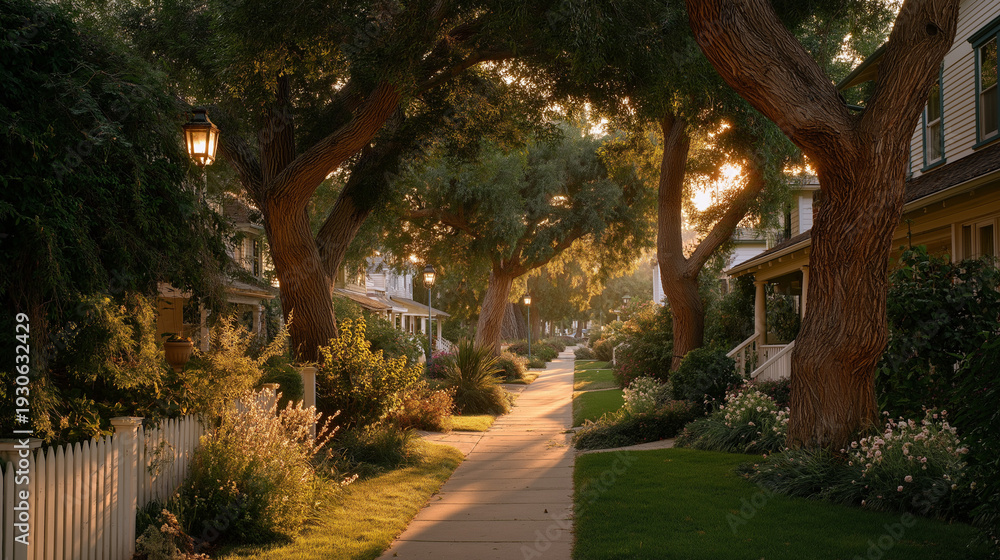 Obraz premium Serene Neighborhood Avenue: An inviting avenue, lined with mature trees, offering a tranquil scene of residential architecture at dusk, illuminated by warm streetlights and sunlight.