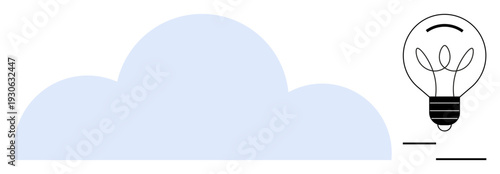 Innovation, creativity, cloud computing, technology, data storage, energy solutions. Minimalist design a blue cloud and a light bulb. Innovation and cloud computing concept