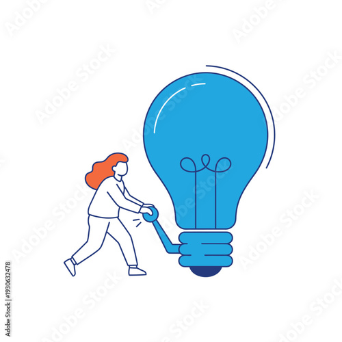 Woman Activating Giant Blue Light Bulb Idea Symbol.
