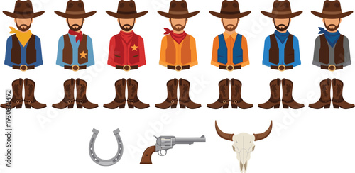 Wild west cowboy character set with hats boots revolver horseshoe sheriff star and bull skull vector illustration