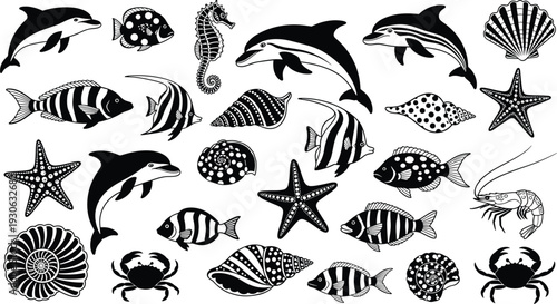 Silhouette vector illustration of dolphins, seahorses, starfish, crabs, stingrays, seashells, marine animals, aquatic wildlife icons, ocean biodiversity artwork