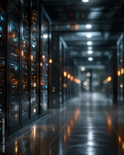 Data Center Interior: A futuristic server room with rows of powerful server racks glows softly, showcasing the heart of modern data storage and processing capabilities.