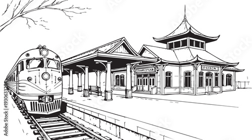 A train stops at a traditional asian style train station with a pagoda roof