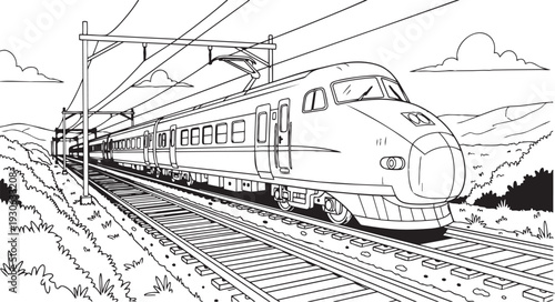 A black and white illustration of a train traveling on railroad tracks through a scenic landscape with mountains
