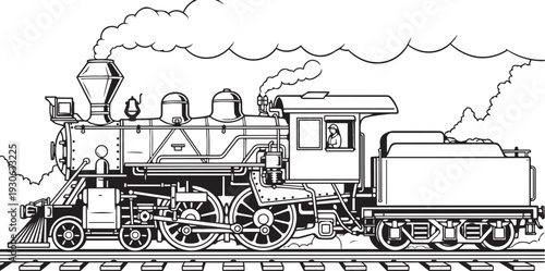 Vintage steam locomotive train on railroad tracks with smoke billowing