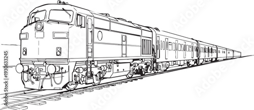 A vintage diesel locomotive train traveling along a railroad track with multiple cars