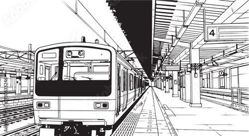 A black and white illustration of a train stopped at a station platform with a modern architectural design