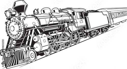 Vintage steam locomotive train engine with multiple carriages