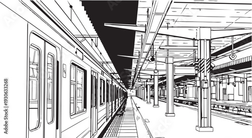 A black and white illustration of a train station platform with a train on the left side and empty benches