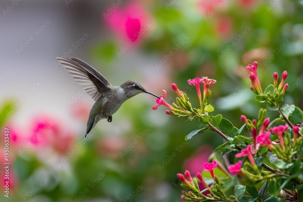 Fototapeta premium Hummingbird Feeding on Tropical Flowers