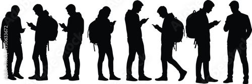 Students with backpacks using smartphones silhouettes, young people texting on mobile phones, modern communication lifestyle vector illustration set