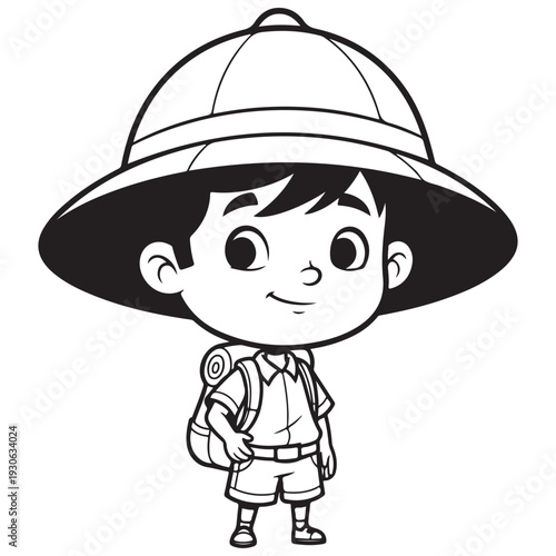 Smiling Cartoon Boy with Safari Hat and Backpack Illustration