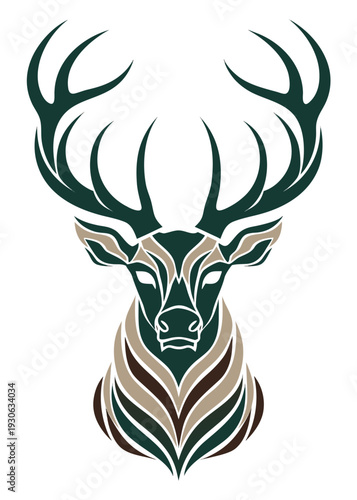 Premium symmetrical flat vector illustration of a noble stag with large antlers, designed in a refined badge emblem style. Ideal for outdoor brands, heritage logos, craft packaging, and luxury identit
