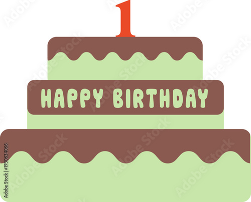 green and brown birthday cake with number 1 candle on a white background. Happy Birthday text with cake, minimal design. Perfect for cards and celebrations.