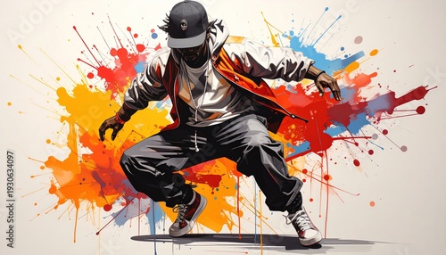 Energetic illustration of a dancer in mid-air, colorful paint splatters background