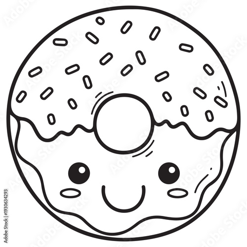 Foto Adorable Cartoon Donut with Sprinkles and Sweet Smiling Face Black and White Out