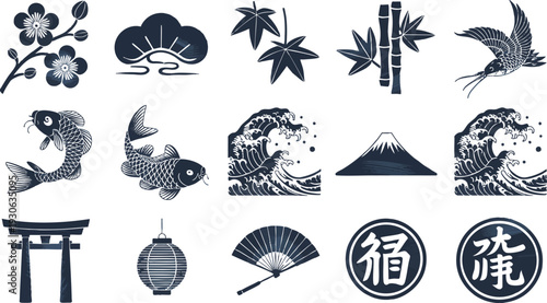 Japanese traditional icon set (Flower, Nature, Food, pattern, etc