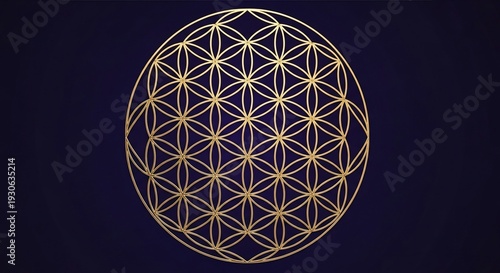 Golden Sacred Geometry Flower of Life Pattern on Dark Background.