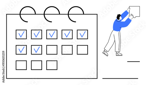 Task management concept. Task management with a calendar, checkmarks for completed tasks, and a person organizing boxes. Task management for planning, productivity, organization, teamwork, deadlines