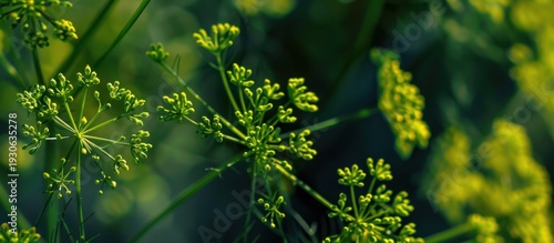 Close-up of green dill plants with delicate yellow flowers. The scene captures the vibrant details of the herb's foliage and blossoms.
