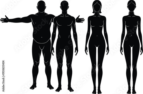 Black silhouettes of diverse male and female body types and human anatomy proportions for medical fitness health and artistic design