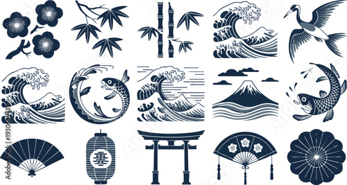 Japanese traditional icon set (Flower, Nature, Food, pattern, etc
