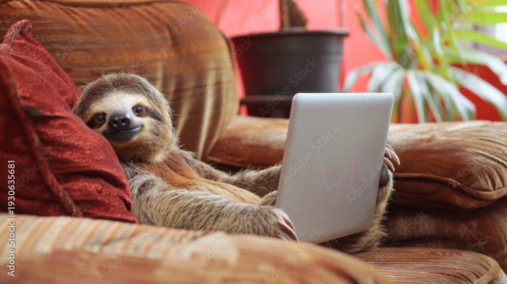 Fototapeta premium A sloth relaxes on a couch, using a laptop. The setting features a cozy interior with plants and cushions, highlighting a laid-back lifestyle.