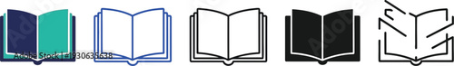 Open book icon set in various styles for education, reading, and knowledge concepts, presented as vector graphics.