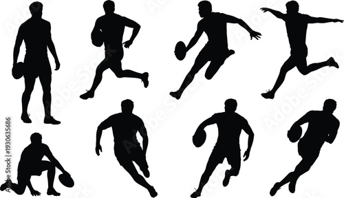 Rugby silhouette vector illustration with diverse player poses showing running crouching passing and sprinting actions