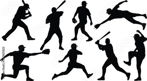 Baseball players silhouette vector illustration set, dynamic sports design with batting, pitching, catching, fielding, and athletic motifs