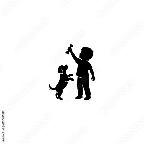 A silhouette of a child playing with a dog in a park.