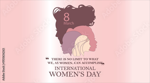 International Women's Day greeting card with diverse female silhouettes and empowerment quote on pink background