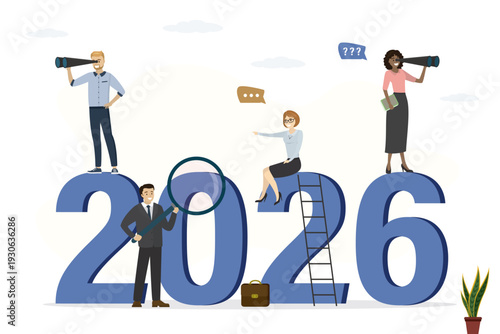 Business people standing on 2026 year numbers. New year 2026 outlook, economic forecast, future vision. Business opportunity or difficulties ahead, report or analysis.