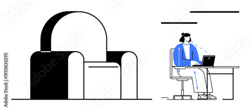 Remote work concept. Woman seated at desk using laptop to perform remote work. Remote work promoting flexibility, efficiency, and modern communication. For telecommuting, freelancing, workplace