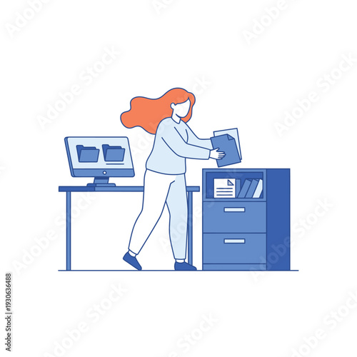 Woman organizing files in office with computer and filing cabinet.