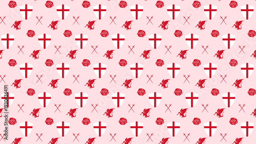 English National Day Vector Seamless Pattern of Cross, Rose, Dragon, and Sword