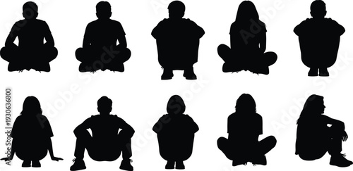 Sitting children silhouettes collection, boys and girls sitting poses set, kids relaxed posture vector illustration isolated background