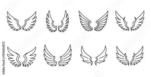 Collection of wing illustrations in various styles on a clean background from a straightforward viewpoint showcasing freedom and creativity.