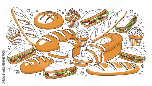 Assorted baked goods and sandwiches arranged in a whimsical flat lay composition on a clean white background viewed from directly above