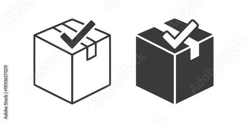 Minimal shipping box with check mark icon symbolizing delivered order and confirmation. Perfect for ecommerce dashboards, tracking systems, logistics apps, and business interfaces.