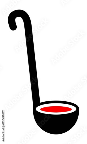 A ladle filled with red liquid is depicted in a simple illustration with a long handle and a curved end.