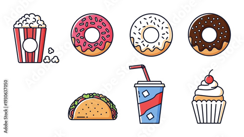 Assorted fast food and desserts illustration featuring donuts, cupcake, popcorn, and taco with soda in a casual dining setting from a straightforward viewpoint
