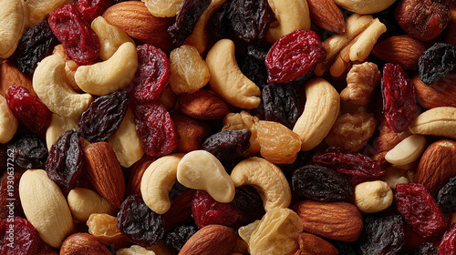 A Delightful Medley of Nuts and Dried Fruits: A close-up shot showcasing an array of wholesome nuts and vibrantly colored dried fruits.