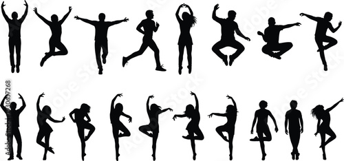 Silhouettes of people dancing, jumping, stretching, performing poses, vector illustration of human motion, artistic expression, choreography, physical activity design