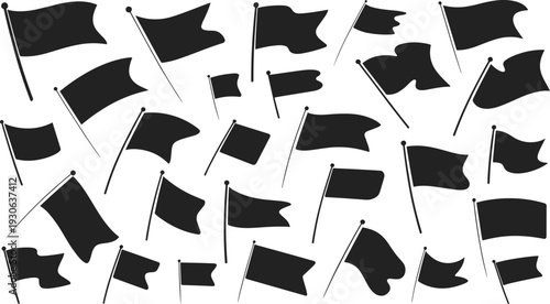 Flag silhouette vector illustration set, dynamic black design with waving shapes, motion patterns, and versatile graphic motifs