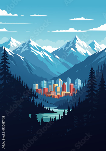 Stunning vector illustration of a modern city nestled in a majestic mountain range, surrounded by lush pine forests and a serene lake