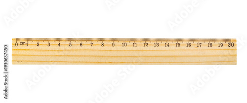 Wooden ruler showing metric scale measurement on transparent background