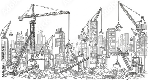 Construction Site with Cranes and Buildings.