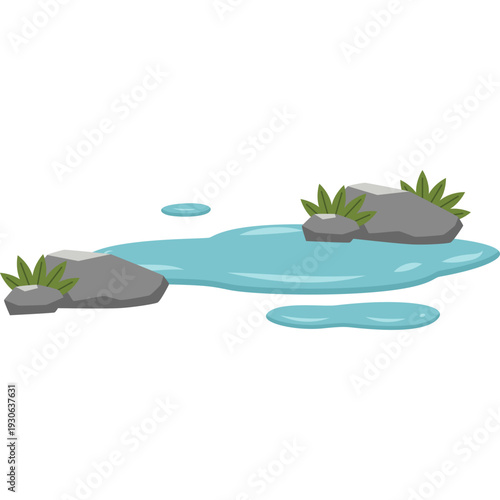 Puddle with Rocks and Grass Illustration