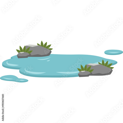 Puddle with Rocks and Grass Illustration